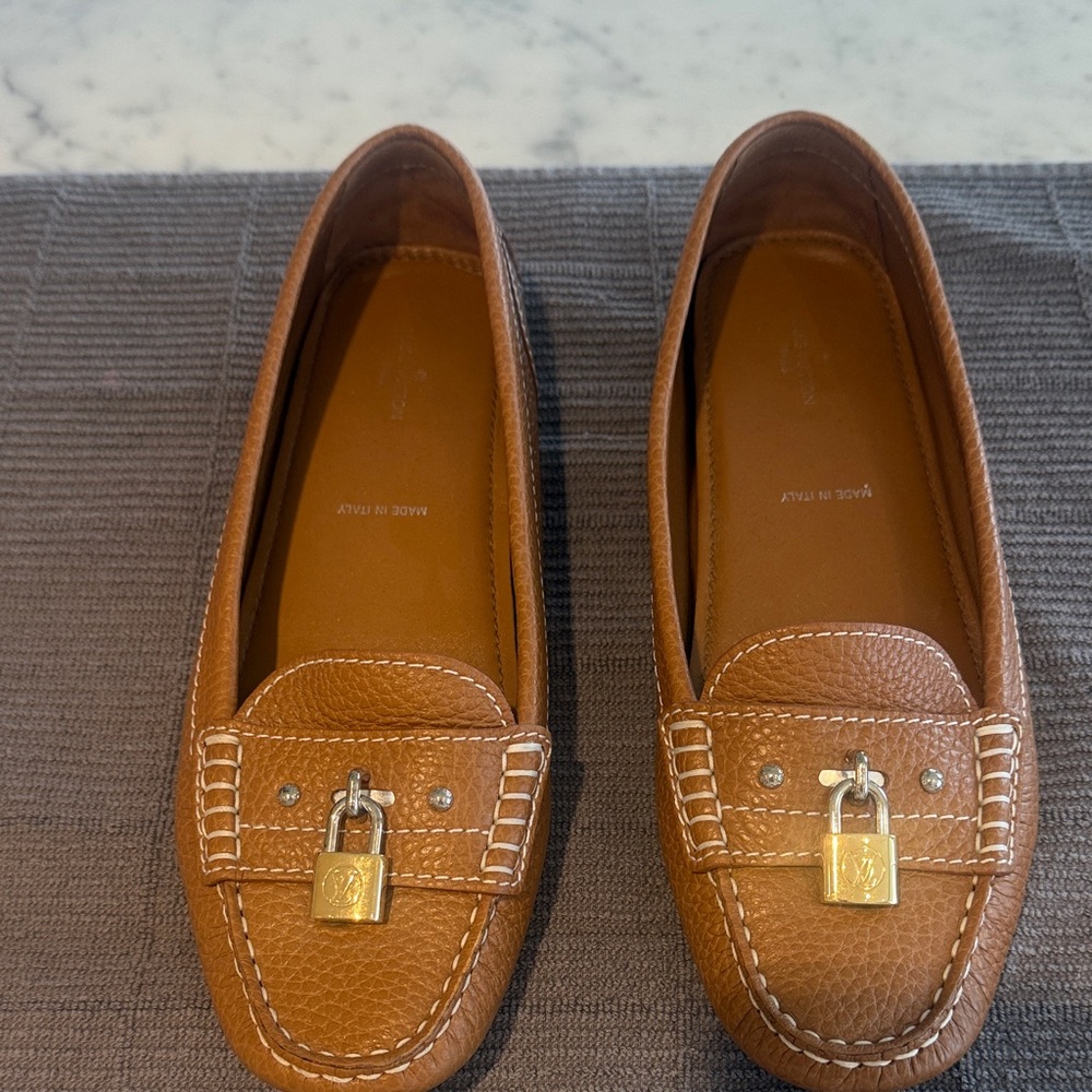 Louis Vuitton Tan Leather Loafers with Gold Lock Detail